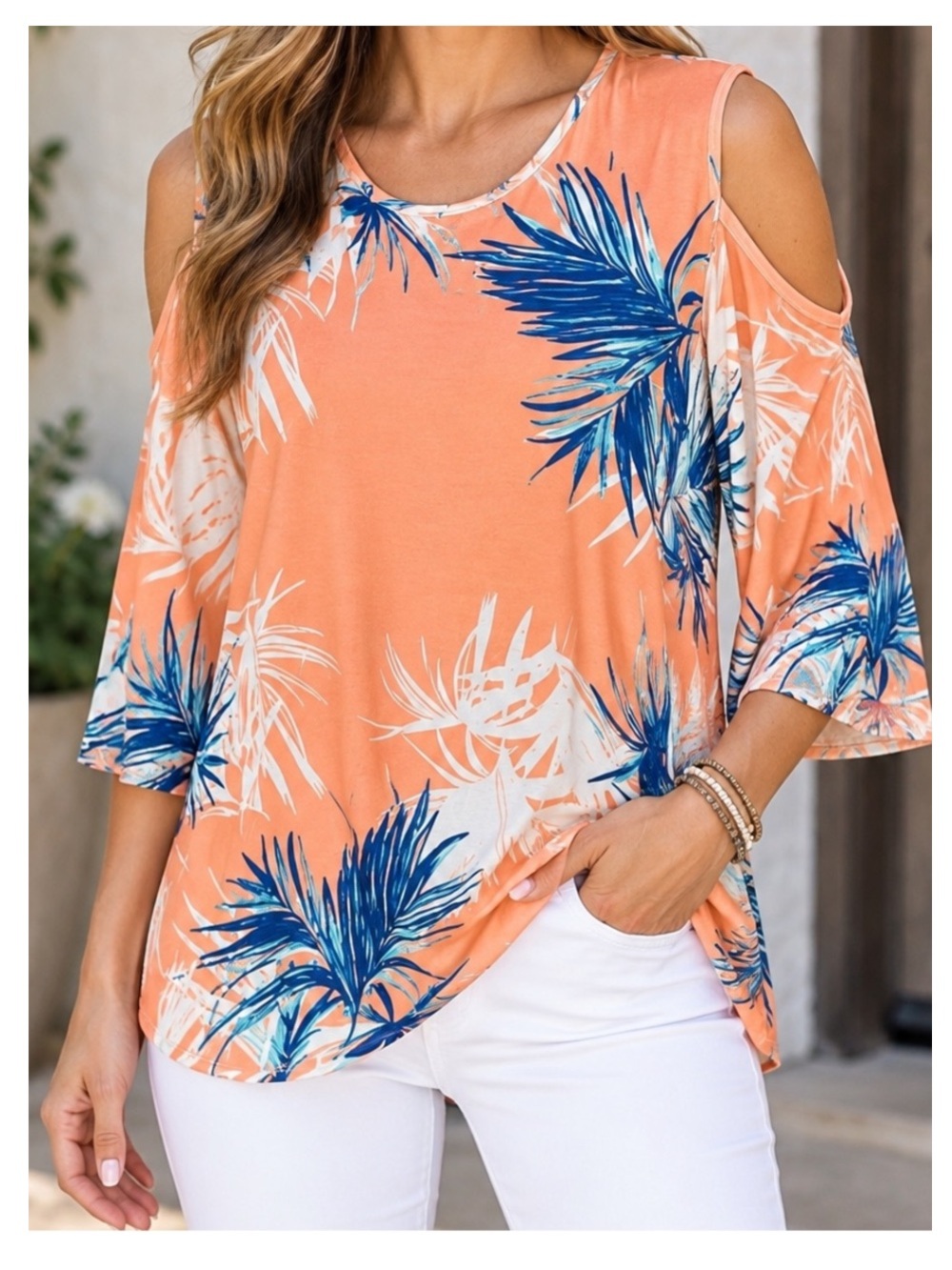 PALM GROVE Cold Shoulder 3/4 Sleeve Print Top in Orange/Blue/White XL